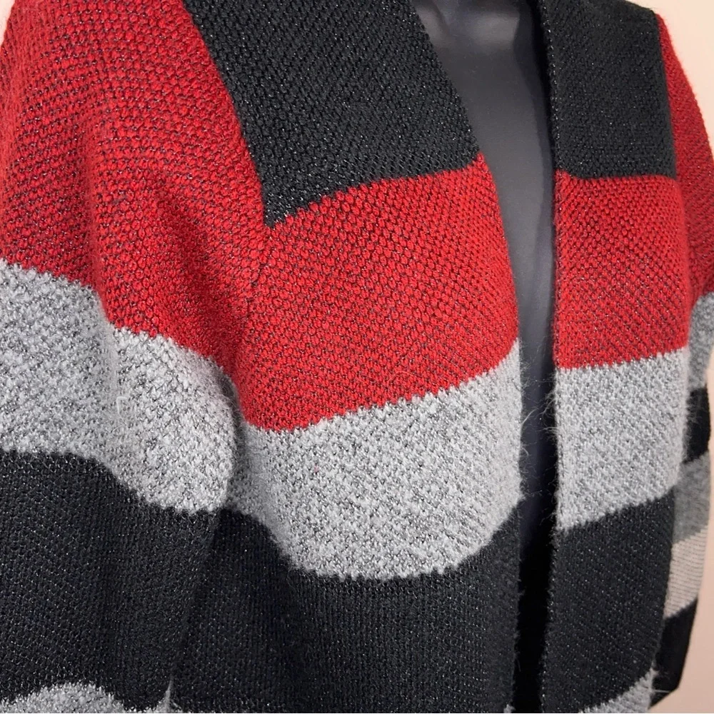 Petite Large IN Studio Colorblock Long Sleeve Open Front Sweater Black Grey Red
